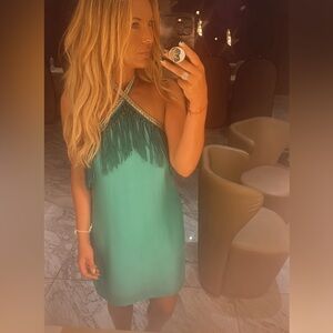 Miami Green Halter Dress with Fringe